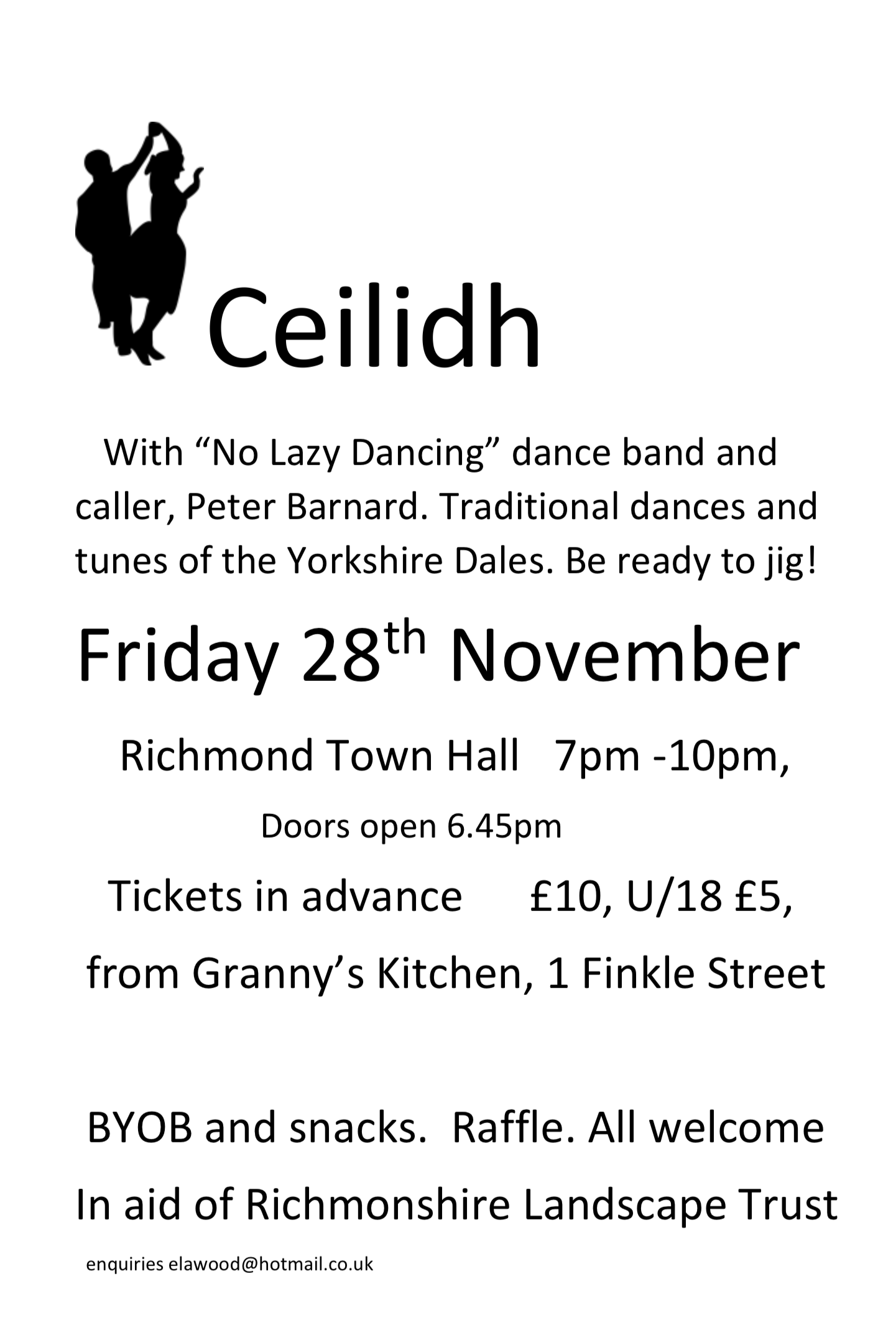 Flyer for Ceilidh with "No Lazy Dancing" dance band and caller Peter Barnard